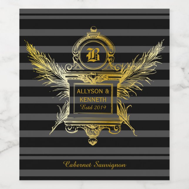 Antique Quill Feathers Classic Guld Ram Monogram Vinflaska Etikett (Singel etikett)