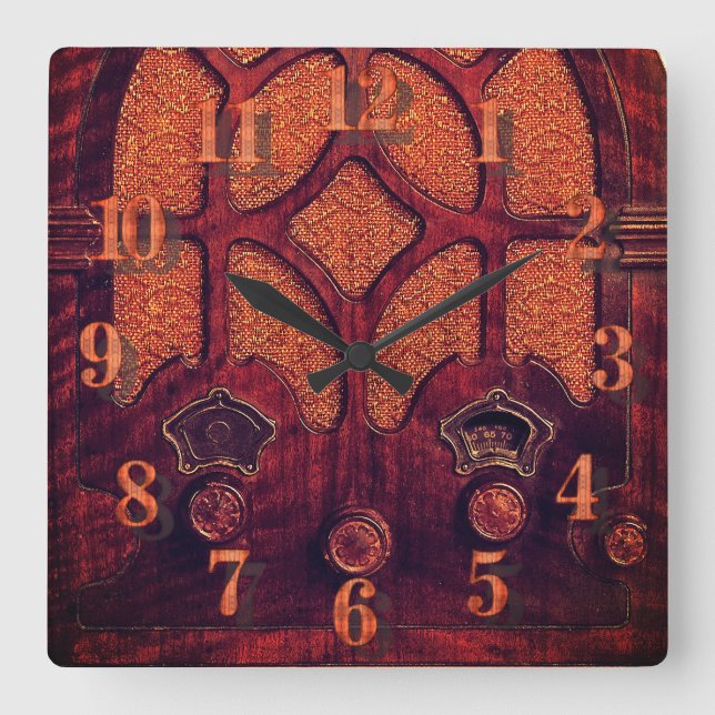 Antique Radio wood elegant art deco cathedral Fyrkantig Klocka (Framsida)