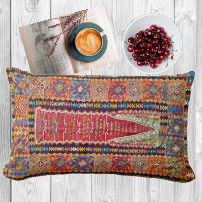 Antique Red, Blue and Orange Turkisk Prayer Kilim Lumbarkudde (Skapare uppladdad)