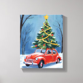 Antique Red Car Christmas Tree Canvastryck