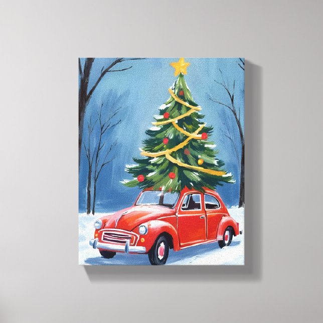 Antique Red Car Christmas Tree Canvastryck (Framsida)