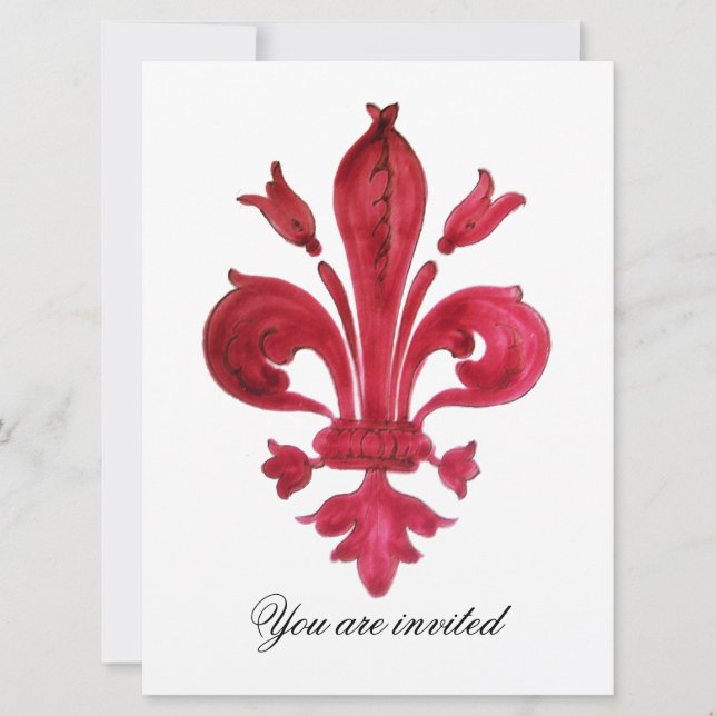 ANTIQUE RED FLEUR DE LIS Damask Gem Monogram Inbjudningar (Framsida)