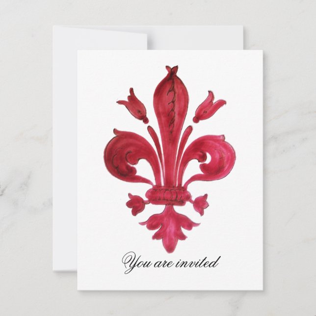 ANTIQUE RED FLEUR DE LIS Damask Gem Monogram Inbjudningar (Framsida)
