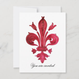 ANTIQUE RED FLEUR DE LIS Damask Gem Monogram Inbjudningar