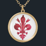 ANTIQUE RED FLEUR DE LIS IN WHITE Heraldic Blommig Guldpläterat Halsband<br><div class="desc">Antique Florentine red lily heraldic vintage</div>