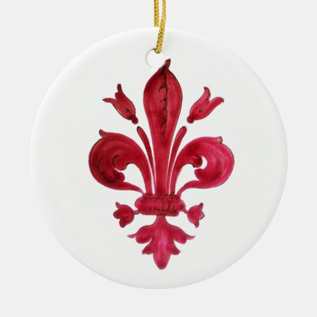 ANTIQUE RED FLEUR DE LIS IN WHITE Heraldic Blommig Julgransprydnad Keramik (Framsidan)