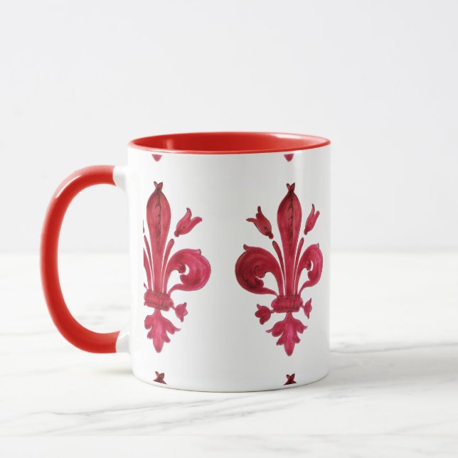 ANTIQUE RED FLEUR DE LIS IN WHITE Heraldic Blommig Mugg (Vänster)