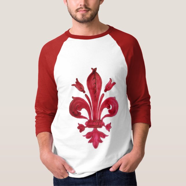 ANTIQUE RED FLEUR DE LIS IN WHITE Heraldic Blommig Tee Shirt (Framsida)