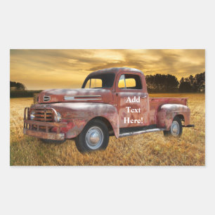 Antique Red Lastbil Farm Fält Sunset Rektangulärt Klistermärke