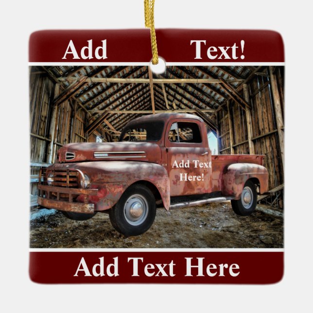 Antique Red Lastbil i Rustic Barn Julgransprydnad Keramik (Framsida)