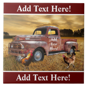 Antique Red Lastbil Tupp Hen Farm Fält Sunset Kakelplatta