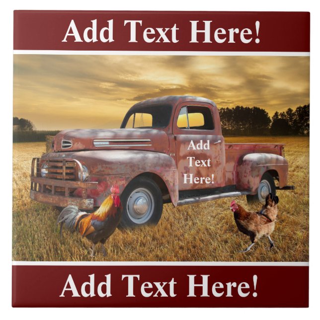 Antique Red Lastbil Tupp Hen Farm Fält Sunset Kakelplatta (Framsidan)