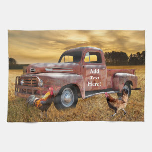 Antique Red Lastbil Tupp Hen Farm Fält Sunset Kökshandduk