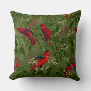 Antique Red Parrot Blommigt Jungle Mönster Kudde