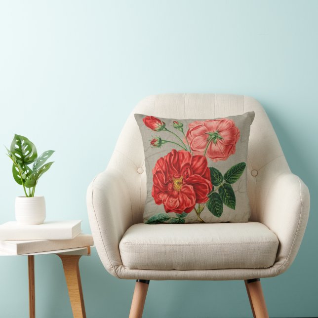 Antique Red Rose Art on Grey Kudde (Stol)