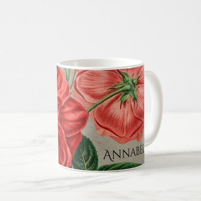 Antique Red Rose Art on Grey Personalised Kaffemugg (Framsida höger)