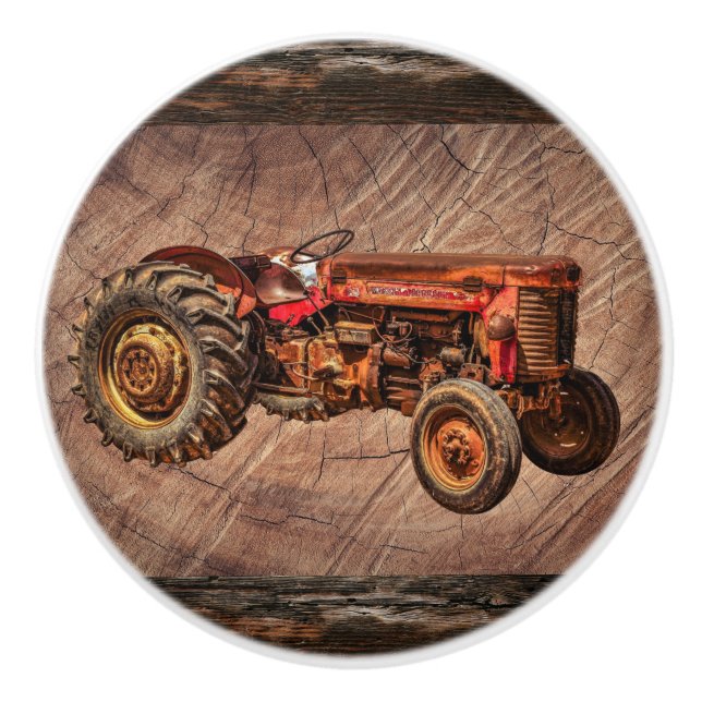 Antique Red Tractor Ceramic Knob Knopp (Framsidan)