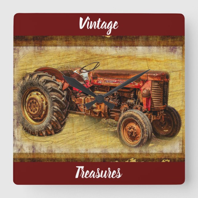 Antique Red Tractor Fyrkantig Klocka (Framsida)