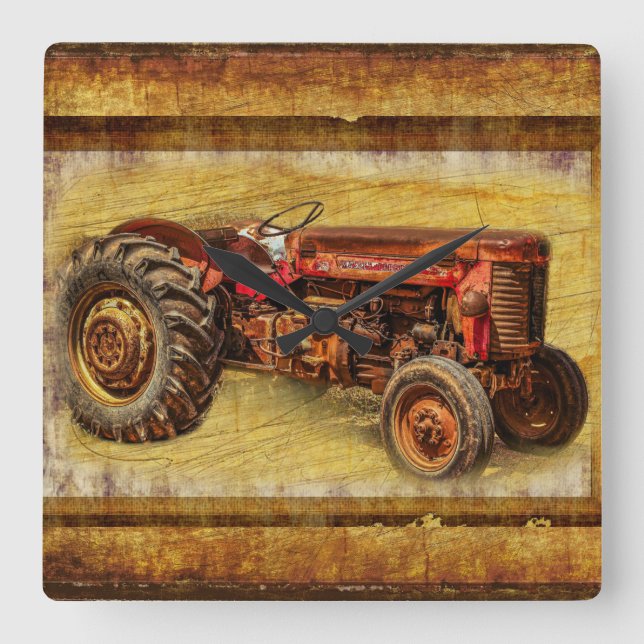 Antique Red Tractor Fyrkantig Klocka (Framsida)