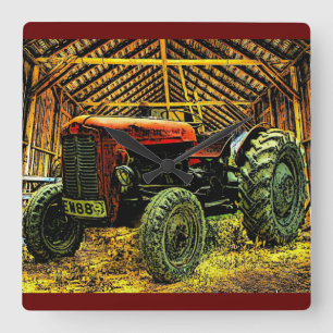 Antique Red Tractor Rustic Barn Fyrkantig Klocka