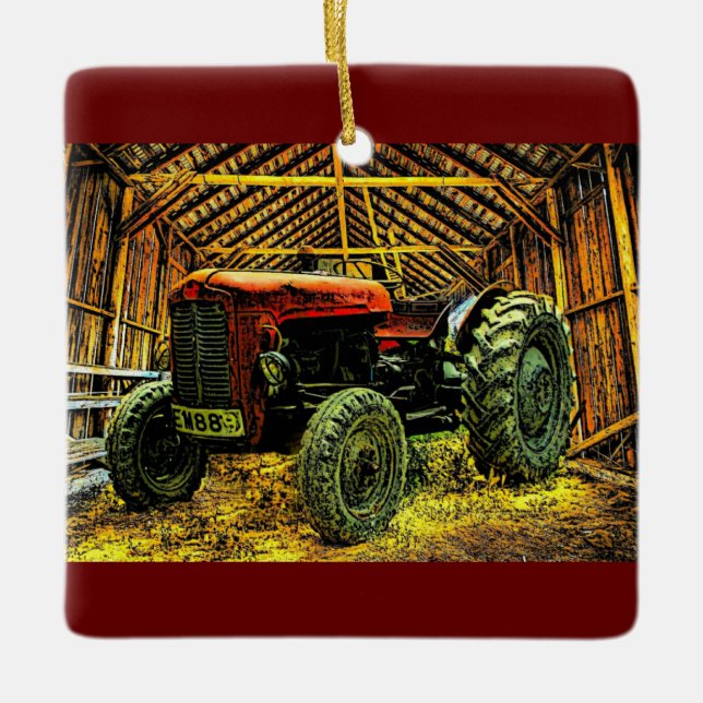 Antique Red Tractor Rustic Barn Julgransprydnad Keramik (Framsida)