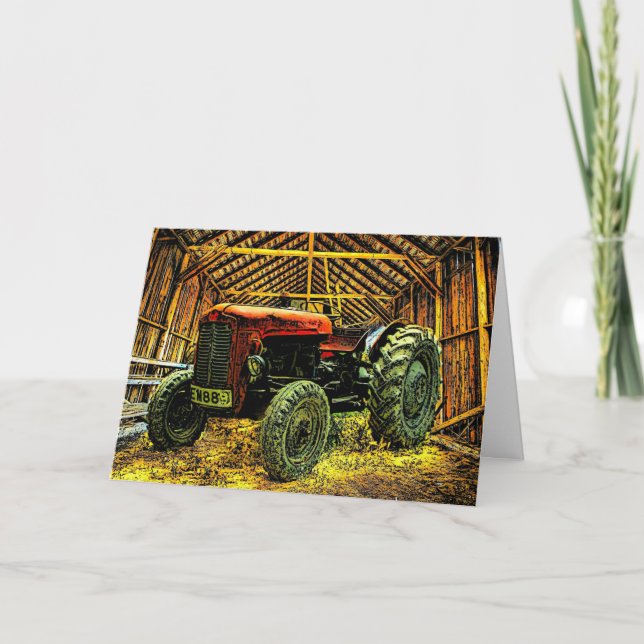 Antique Red Tractor Rustic Barn Kort (Framsida)