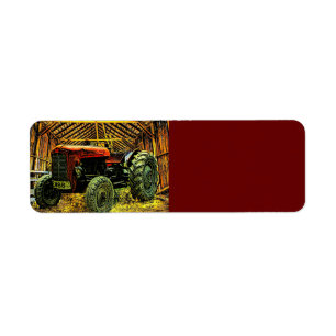 Antique Red Tractor Rustic Barn Returadress Etikett