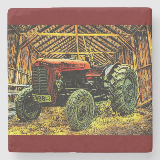 Antique Red Tractor Rustic Barn Stenunderlägg (Framsidan)