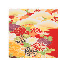 Antique Red White Japansk Kimono-Blommigt Flower