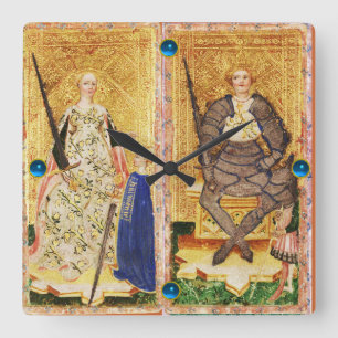 ANTIQUE RENAISSANCE TAROT/KUNG OCH QUEON OF SWORDS FYRKANTIG KLOCKA