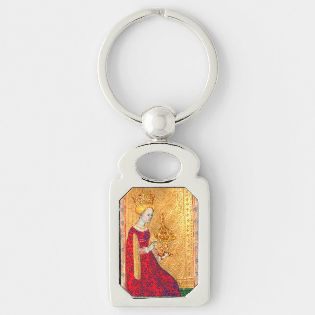 ANTIQUE RENAISSANCE TAROTS/QUEEN OF KOPP REKTANGULÄRT SILVERFÄRGAD NYCKELRING (Framsidan)