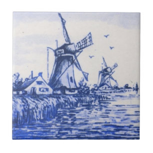 Antique Repro Blue Delft Dutch Kvarn Tile Kakelplatta