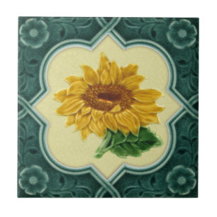 Antique Repro Faux Relief Teal Framed Sunblomma Kakelplatta
