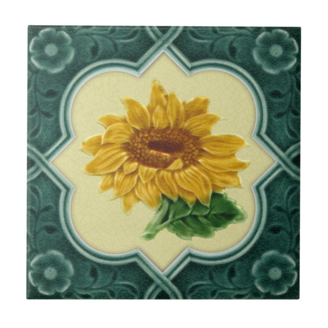 Antique Repro Faux Relief Teal Framed Sunblomma Kakelplatta (Framsidan)