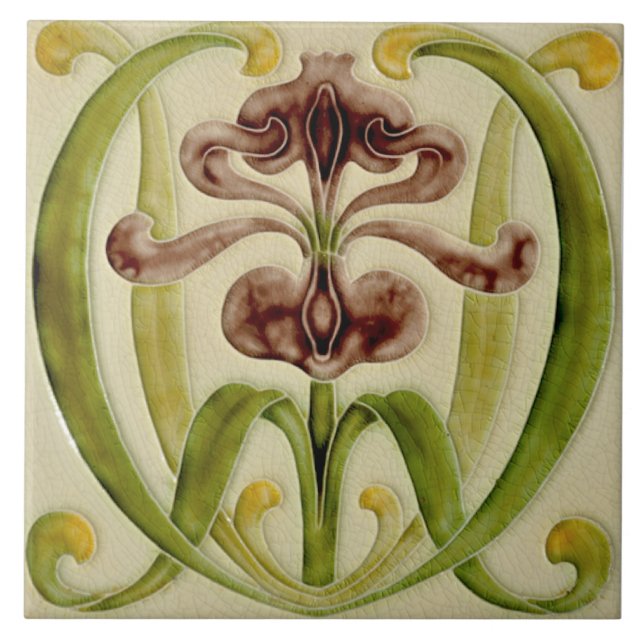 Antique Repro Late 1800s Art nouveau Iris Tile Kakelplatta (Framsidan)
