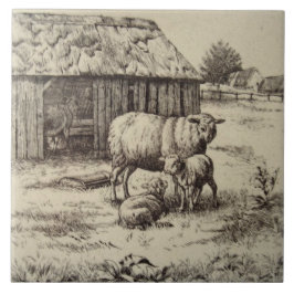 Antique Repro William Wise Sheep Family Sepia Kakelplatta