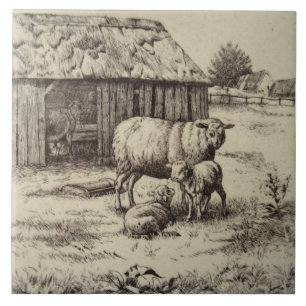 Antique Repro William Wise Sheep Family Sepia Kakelplatta