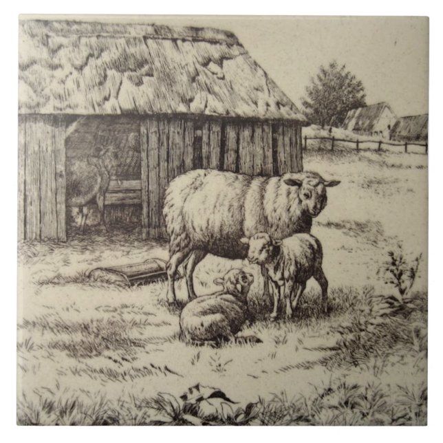 Antique Repro William Wise Sheep Family Sepia Kakelplatta (Framsidan)