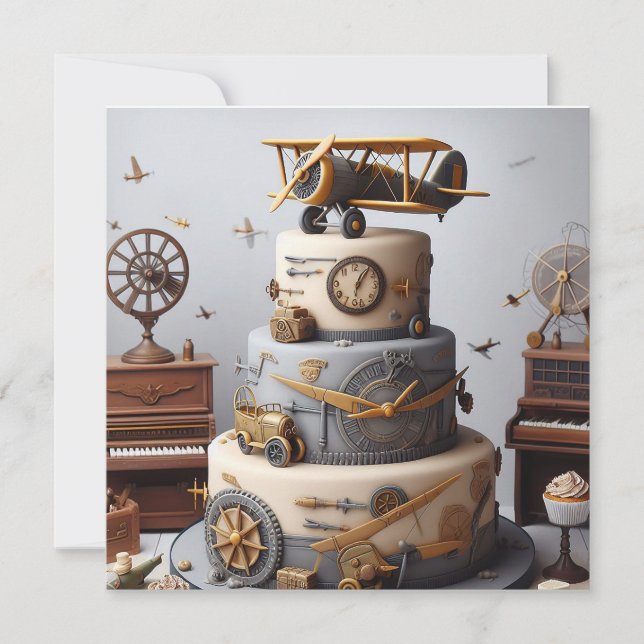ANTIQUE RETRO AIRPLANE CAKE BIRTHDAY KORT (Framsida)