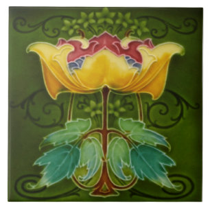 Antique Rhodes c1900 Art nouveau Majolica Blommigt Kakelplatta