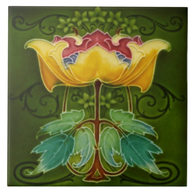 Antique Rhodes c1900 Art nouveau Majolica Blommigt Kakelplatta (Framsidan)