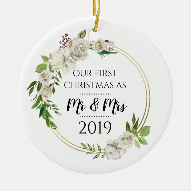 Antique Ro Första jul som Mr & Mrs. Julgransprydnad Keramik (Framsidan)