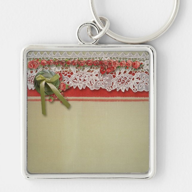 Antique Ro Snöre Rustic Red Victorian Burlap Fyrkantig Silverfärgad Nyckelring (Framsidan)