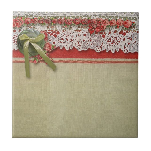 Antique Ro Snöre Rustic Red Victorian Burlap Kakelplatta (Framsidan)