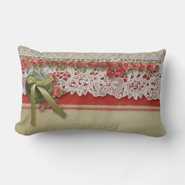 Antique Ro Snöre Rustic Red Victorian Burlap Lumbarkudde (Framsida)