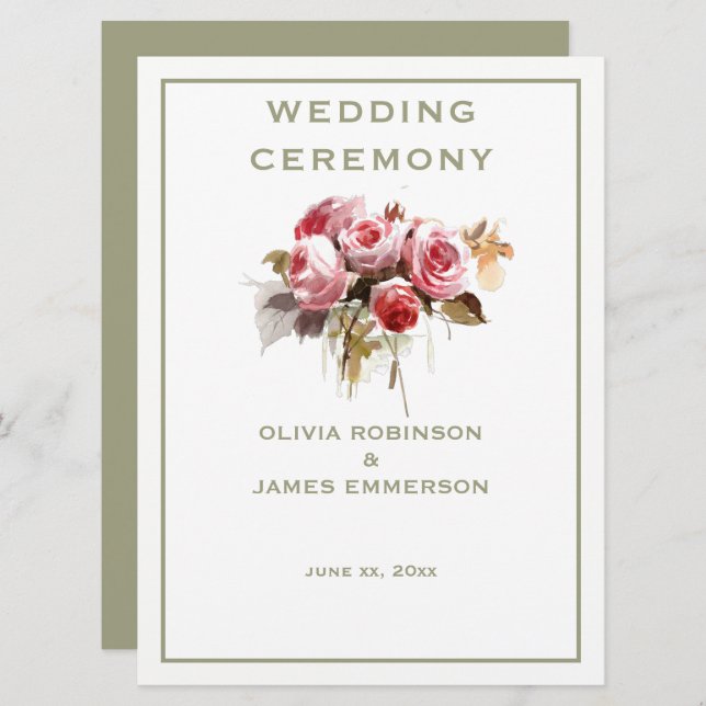 Antique Ro Watercolor Ro Ceremony Program (Fram/baksida)