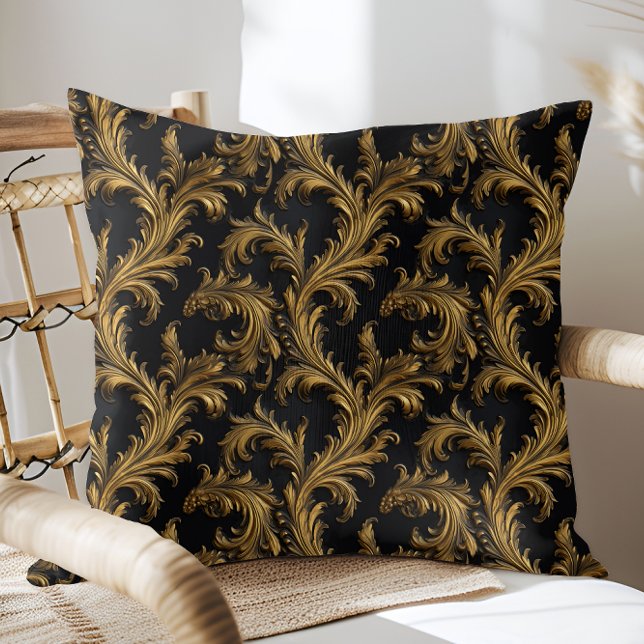 Antique Rococo Black Guld Baroque Kudde (Antique Rococo Black Gold Baroque Throw Pillow)