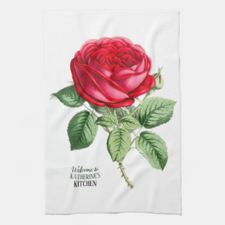 Antique Röd ros - Ditt textval Kökshandduk