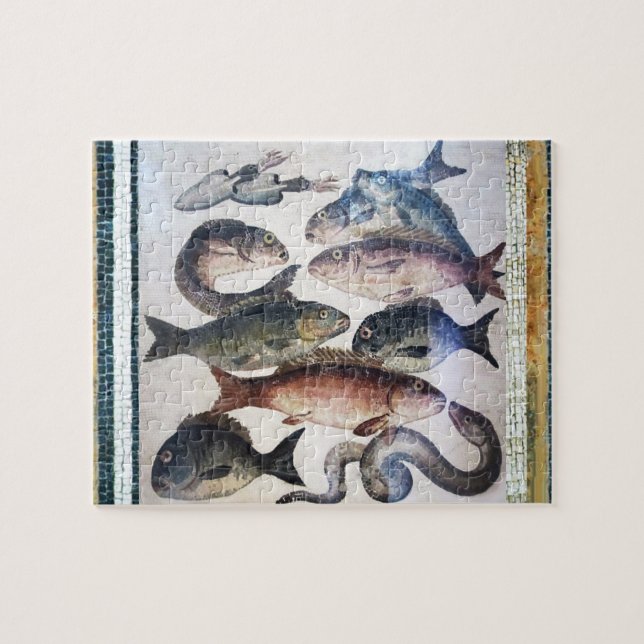 ANTIQUE ROMAN MOSAIC FISHES,OCEAN HAVS LIFE SCENE PUSSEL (Horisontell)