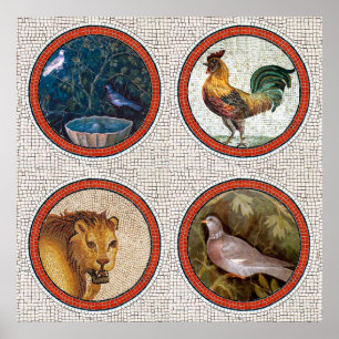 ANTIQUE ROMAN MOSAICS FÅGLAR, TUPP OCH LEJONA POSTER